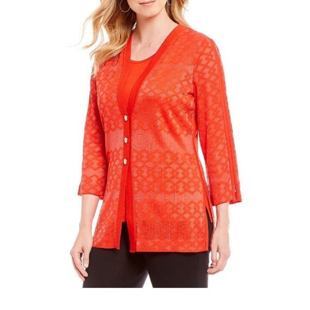 Misook Woman's Poppy Red Sheer‎ Textured V-Neck Knit Lightweight Cardigan-Size S